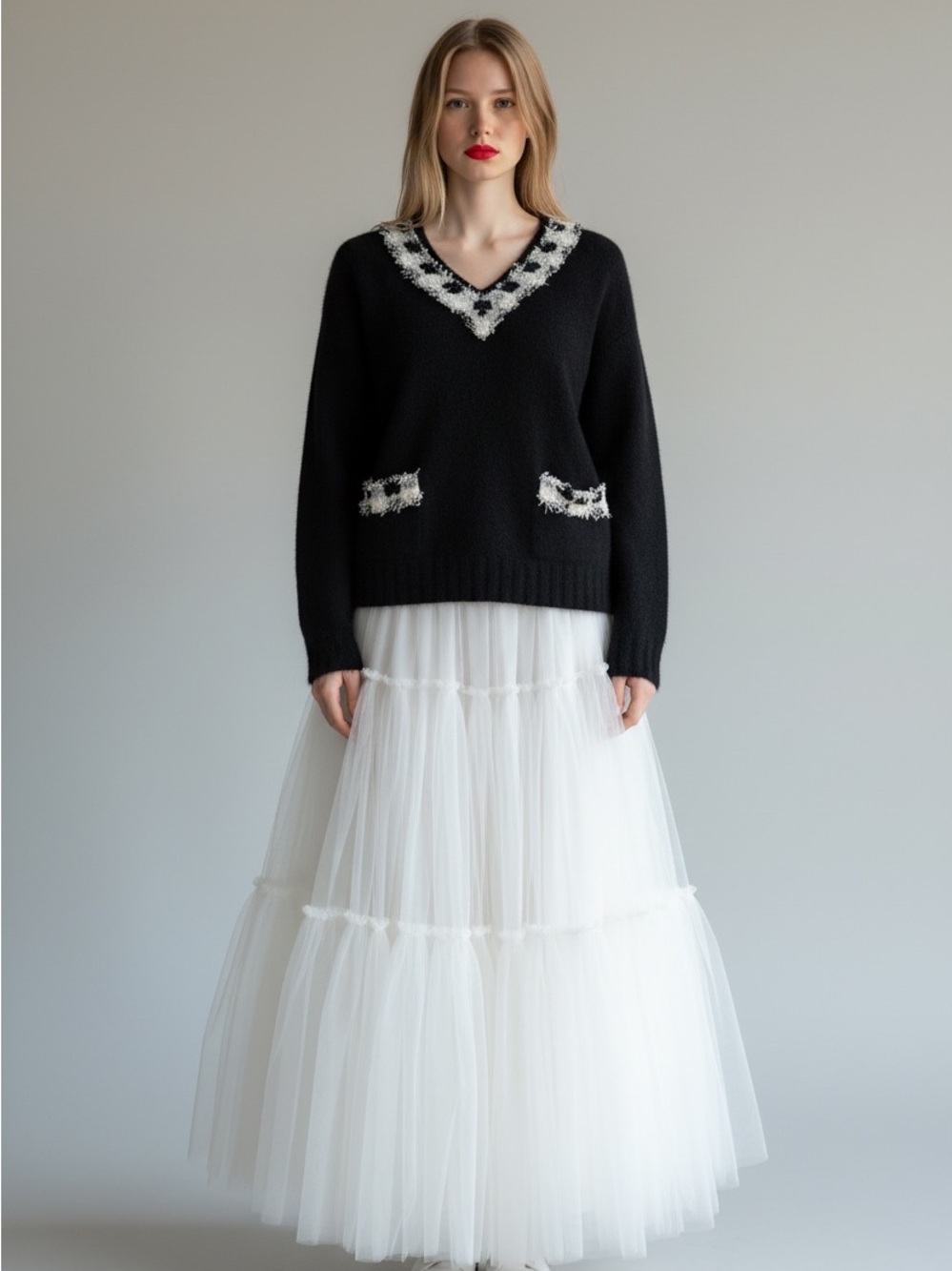 CHANEL Black Knit V‑Neck Sweater COA